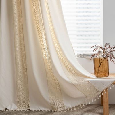 Handmade 180 cm Long Bohemian Crochet Lace Curtain for Bedroom, Semi-Sheer with Tassels, 150 cm Rod Pocket, 1 Panel