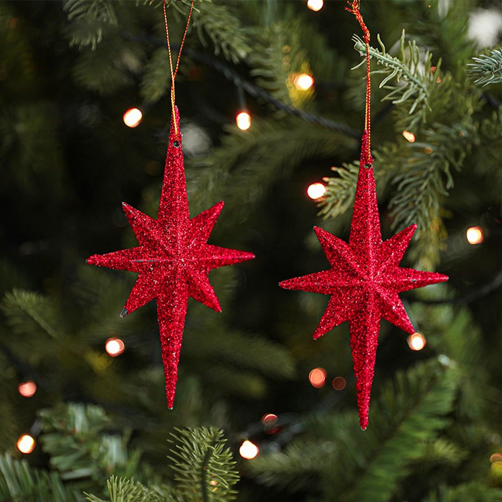 2-Piece Hanging Christmas Star Decor, Glittering Star Ornaments for Christmas Tree, Indoor and Outdoor Use, Red