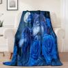 Blue Cozy Throw Blanket, 220 x 240 cm, Flannel Fleece, Wolves and Roses view 1