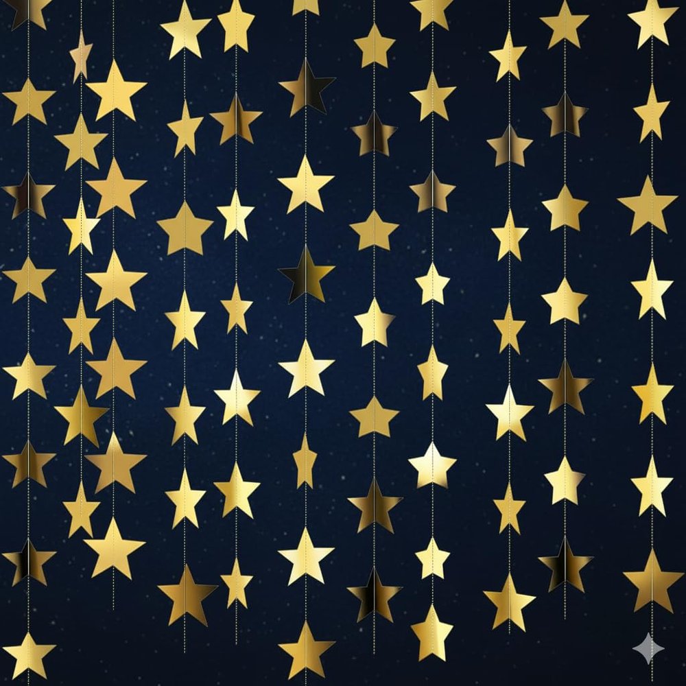 Zigzag Paper Garland with Stars, Gold, 10 Strands, 3.6 ft