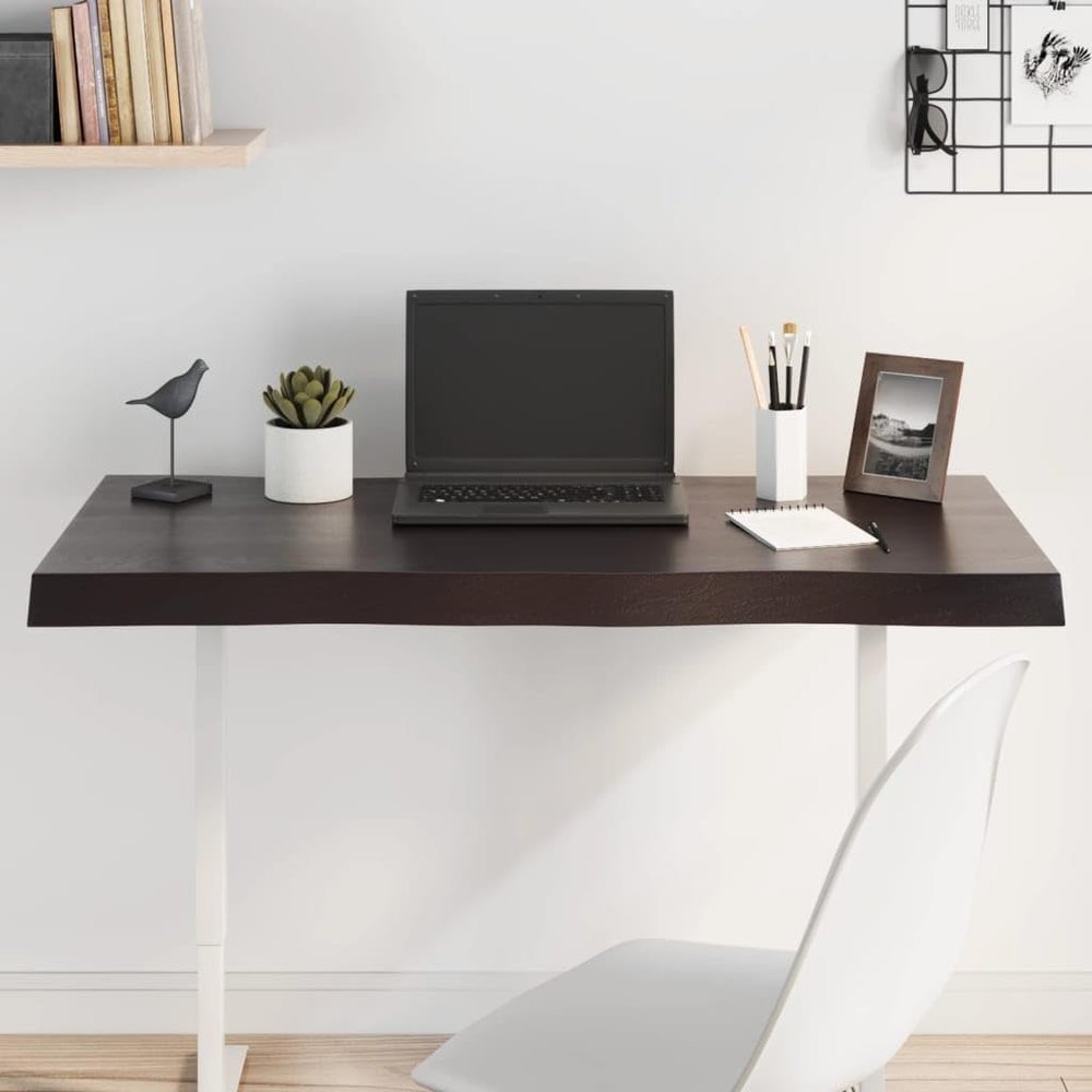 HETFTJN Solid Oak Tabletop, 100 x 60 cm, 2–6 cm Thick, Dark Brown, Live Edge