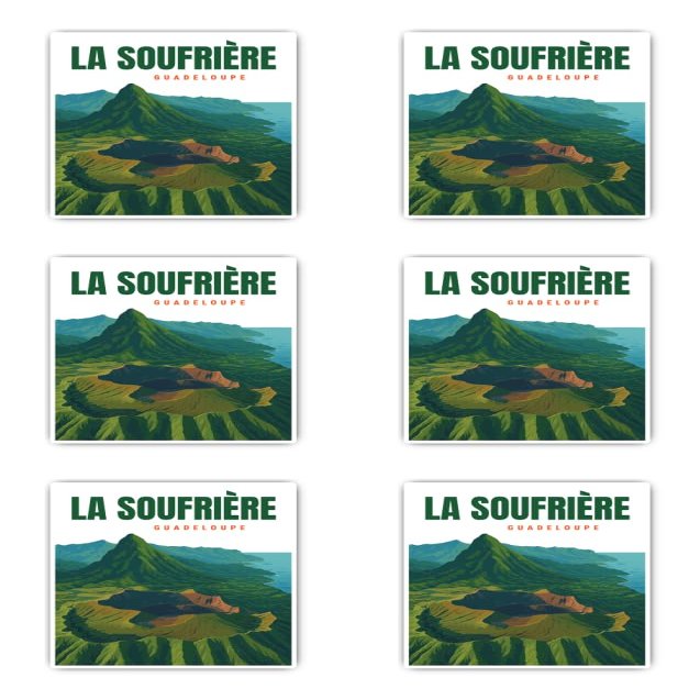Laminated Stickers: 50 mm, 6 pcs - La Soufrière Guadeloupe Travel Stickers, Waterproof