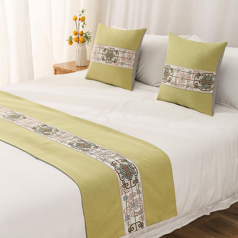 Decorative Bed Runner with Embroidery, Green, 48 × 240 cm