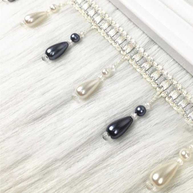 1-Piece 12-Meter Black Tassel Fringe Trim with Beaded Braided Lace