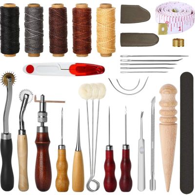 FTVOGUE 31-Piece Leather Sewing Tool Kit, Hand Sewing Kit with Groover and Waxed Thread for Leather Crafting and Repair Projects