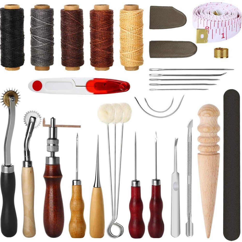 FTVOGUE 31-Piece Leather Sewing Tool Kit, Hand Sewing Kit with Groover and Waxed Thread for Leather Crafting and Repair Projects