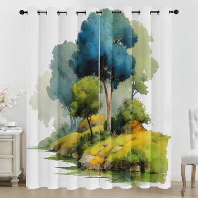 Forest River Watercolor Blackout Curtains, 2-Piece Set, W 85 x H 200 cm, Thermal Curtains with Grommets, TW46