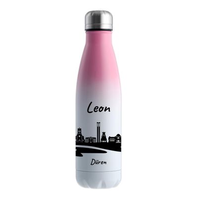 Gravur-Max Personalized Stainless Steel Water Bottle 500 ml, Double-Wall Insulated Thermos Bottle, Keeps Drinks Warm for 13 Hours and Cold for 24 Hours, Leakproof, with Dren Skyline and Custom Name, White/Pink