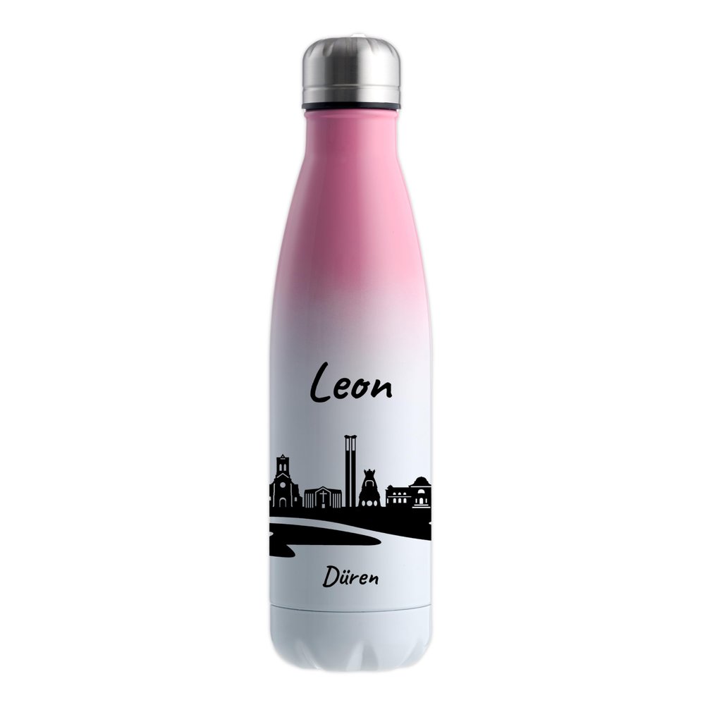 Gravur-Max Personalized Stainless Steel Water Bottle 500 ml, Double-Wall Insulated Thermos Bottle, Keeps Drinks Warm for 13 Hours and Cold for 24 Hours, Leakproof, with Dren Skyline and Custom Name, White/Pink