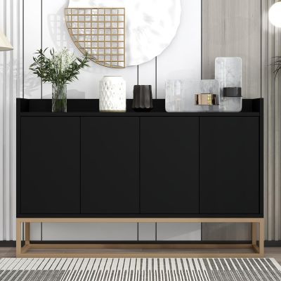 FGXHHS Modern Kitchen Sideboard with 4 Doors, Adjustable Shelves (3 Positions), Black Wood Cabinet, Gold-Tone Metal Legs, 120 x 30 x 80 cm