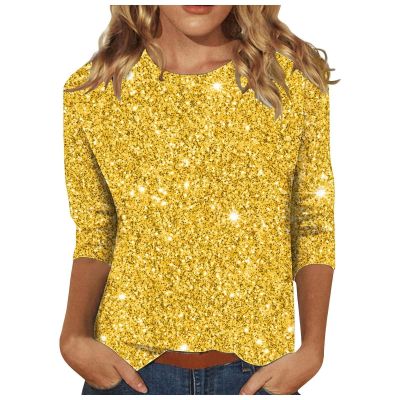 Women's New Year's Eve Outfit, Glitter Top, Festive Elegant Sequin Blouse Shirt, Carnival Glitter Tunic Top, Yellow, XXL
