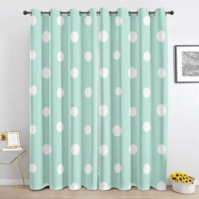 Light Green Polka Dot Blackout Curtains with Grommets, Set of 2, 55 x 69 in