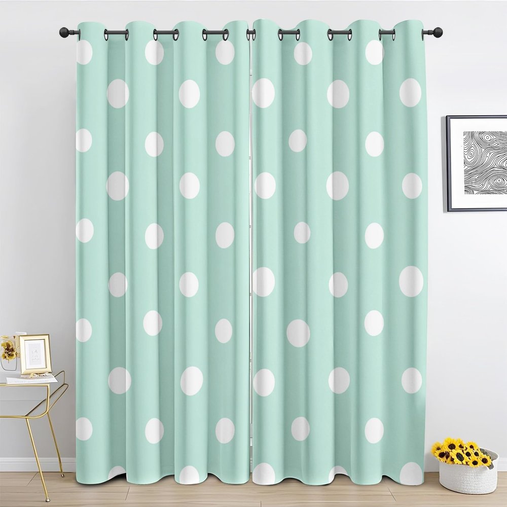 Light Green Polka Dot Blackout Curtains with Grommets, Set of 2, 55 x 69 in