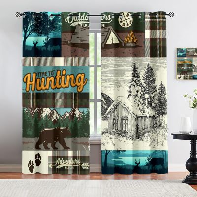 VELOMEA Rustic Outdoor Curtains, Hunting Patchwork Bear Deer Tent Campfire Plaid Pattern, Country Cabin Lodge Blackout Curtains for Living Room and Bedroom, 2-Pack 132 x 244 cm