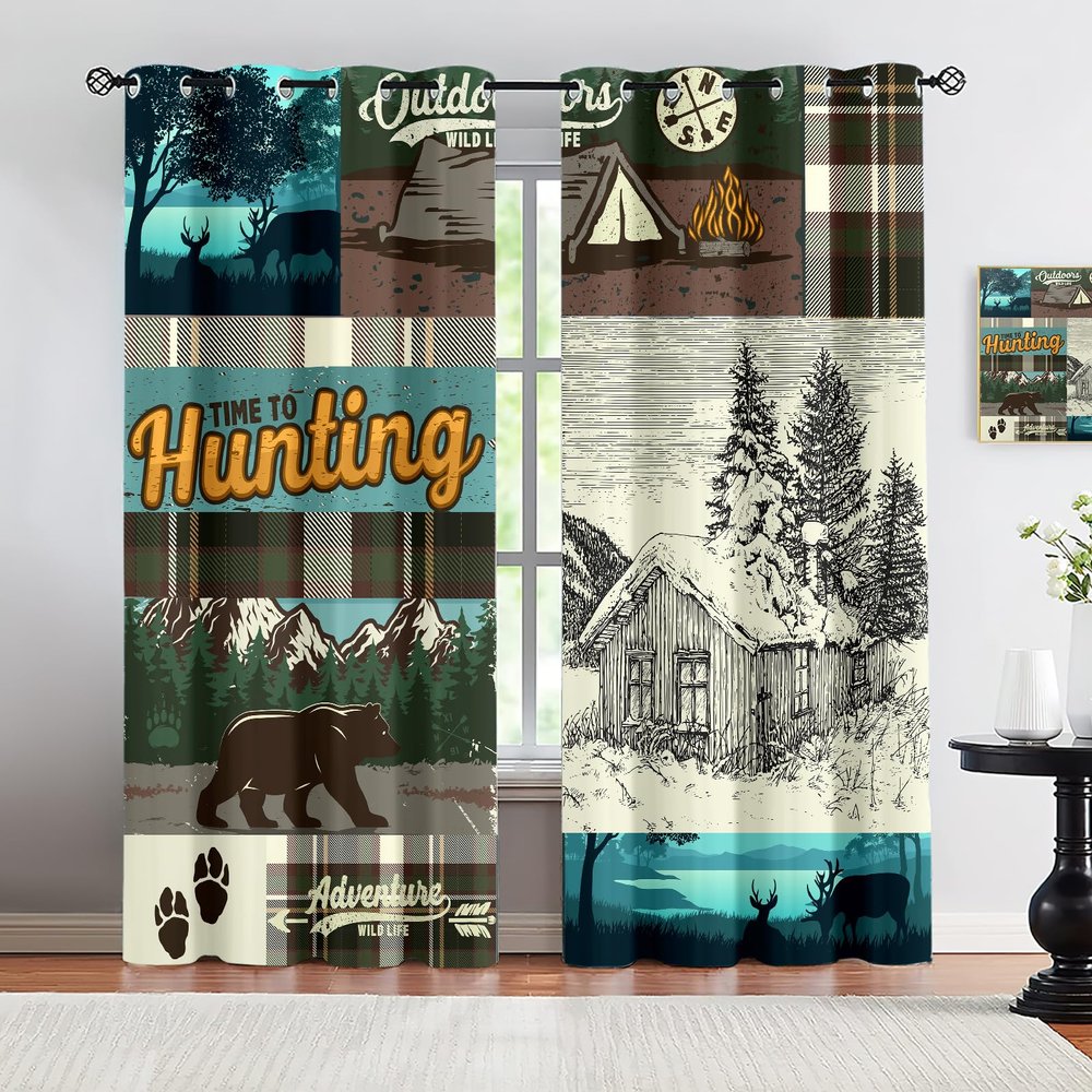 VELOMEA Rustic Outdoor Curtains, Hunting Patchwork Bear Deer Tent Campfire Plaid Pattern, Country Cabin Lodge Blackout Curtains for Living Room and Bedroom, 2-Pack 132 x 244 cm