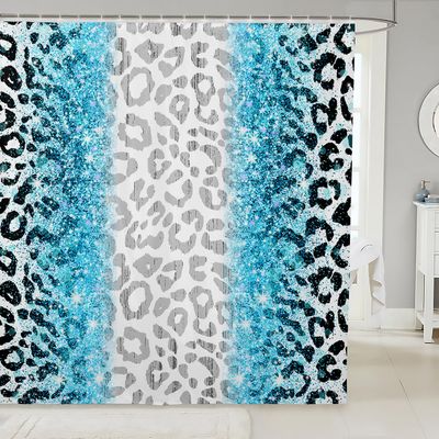 Homemissing Blue Glitter Leopard/Cheetah Shower Curtain, 180 x 180 cm, 12 Hooks