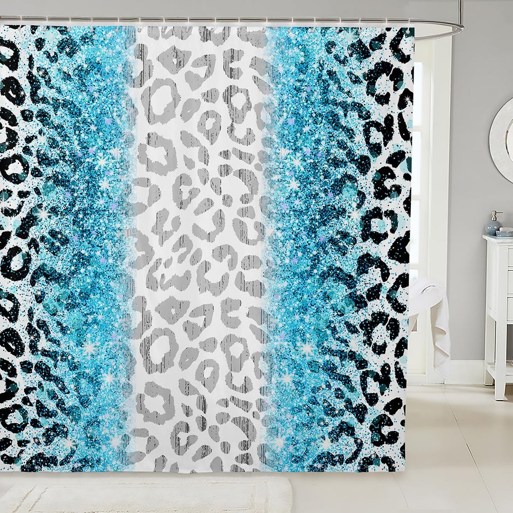 Homemissing Blue Glitter Leopard/Cheetah Shower Curtain, 180 x 180 cm, 12 Hooks