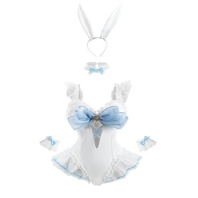 FCCAM Kawaii Bunny Costume for Women with Lace & Bow, White, XL