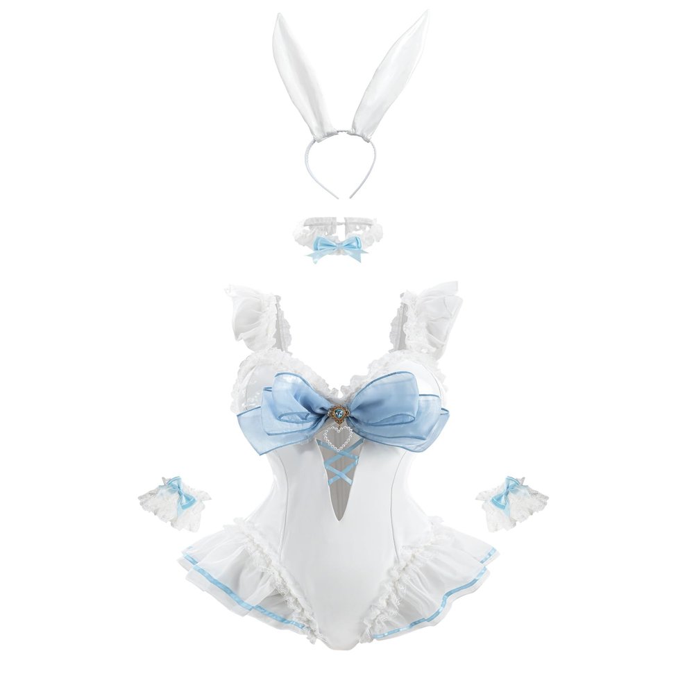 FCCAM Kawaii Bunny Costume for Women with Lace & Bow, White, XL