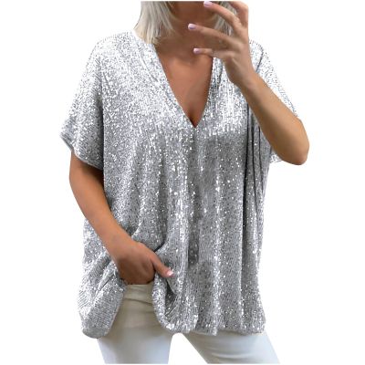 Guhmomh Women's Silver Sequin Short-Sleeve Top