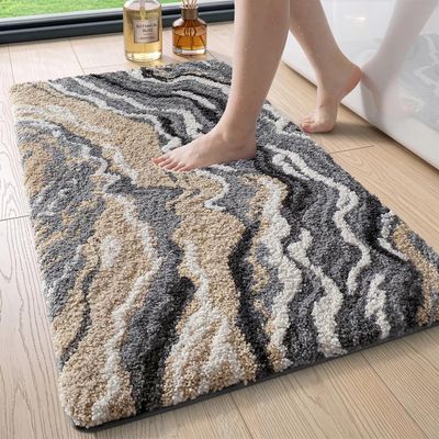 DEXI Non-Slip Bath Mat 60 x 110 cm, Washable Soft Microfiber Bathroom Rug, Absorbent, Beige Gray