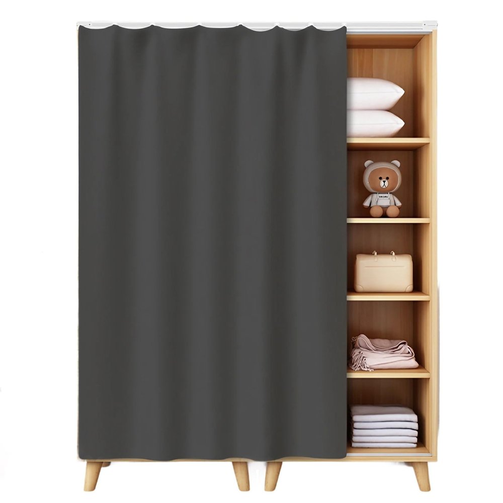 Self-Adhesive Sliding Cabinet Curtain with Track, Washable Flannel Privacy Screen, Dark Gray, 80 x 140 cm