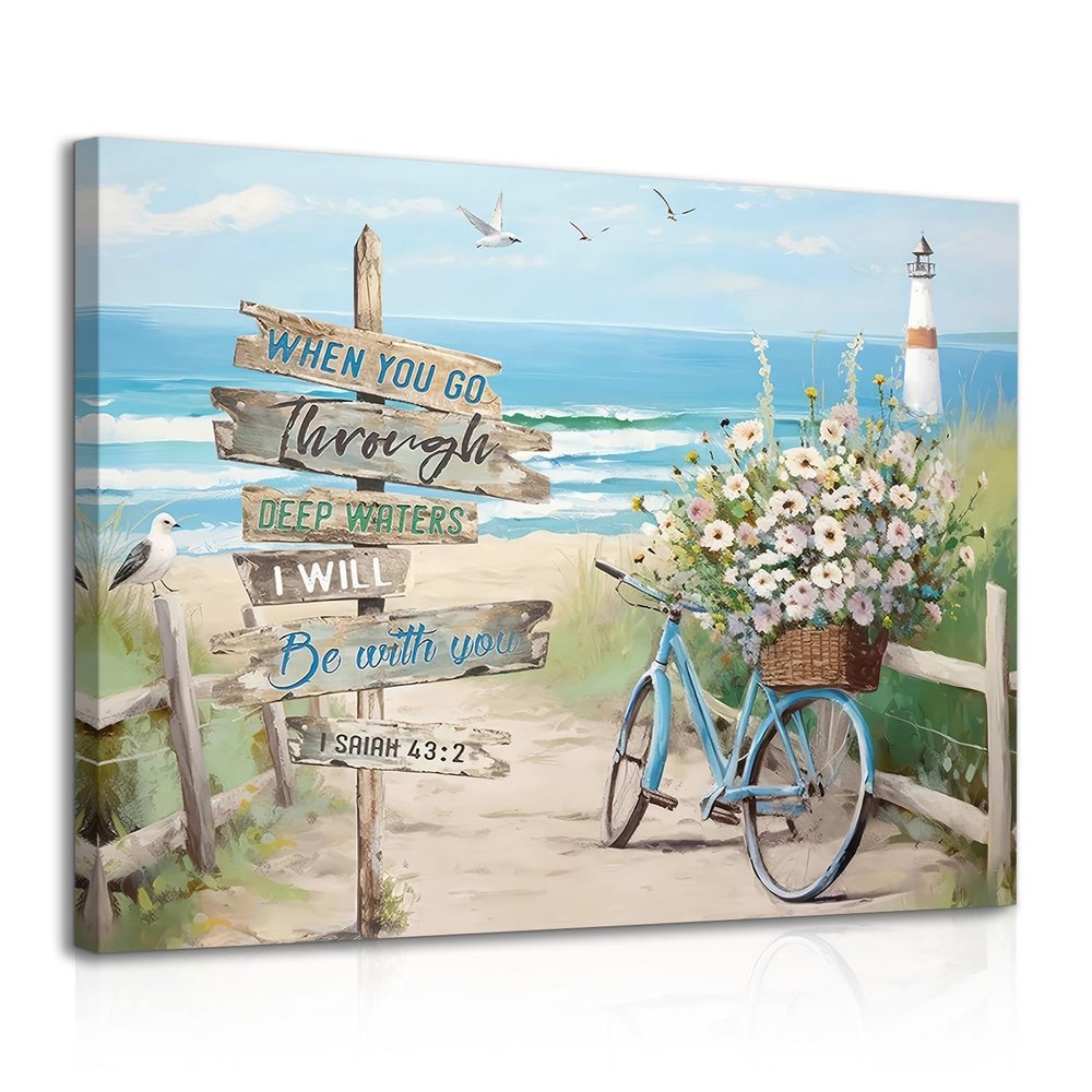 Dazzlewall Beach Canvas Wall Art for Bathroom, Coastal Bicycle Ocean Seascape, Teal Aqua Blue, Framed 12 x 16 in