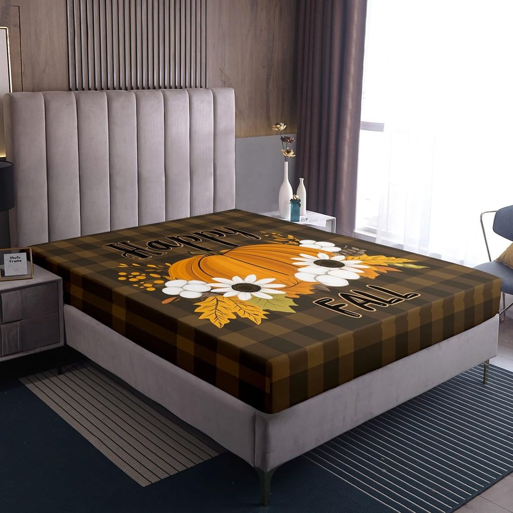Homewish Autumn Pumpkin Fitted Sheet 90 x 200 cm, Kids’ Buffalo Plaid Design