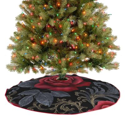 Gothic Dark Red Rose Christmas Tree Skirt with Black Leaves, 36 in