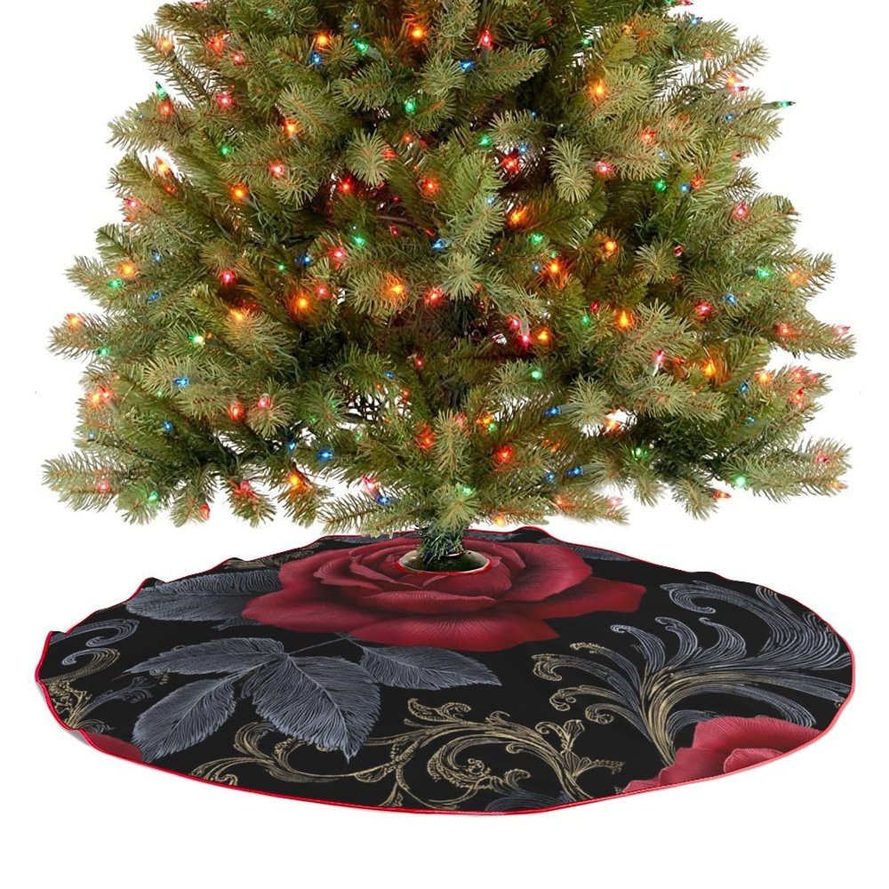 Gothic Dark Red Rose Christmas Tree Skirt with Black Leaves, 36 in