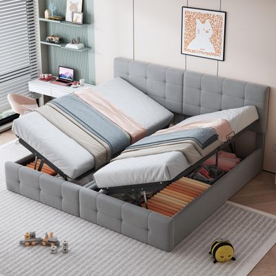 WIZBED 180x200 Box Spring Bed with Storage, Hydraulic Upholstered Double Bed with Slatted Frame, Velvet, No Mattress, Gray