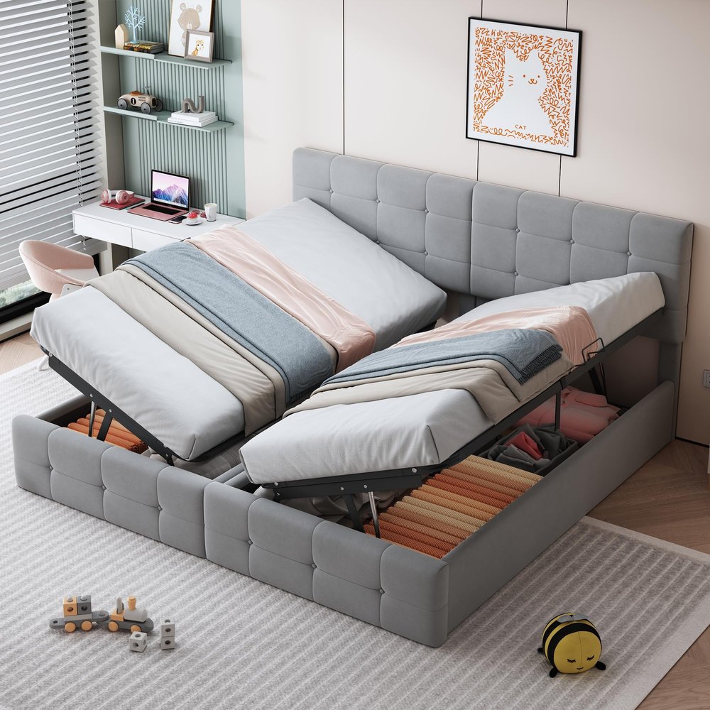 WIZBED 180x200 Box Spring Bed with Storage, Hydraulic Upholstered Double Bed with Slatted Frame, Velvet, No Mattress, Gray