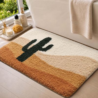 DEXI Bathroom Mat 40 x 60 cm, Non-Slip, Soft, Absorbent, Washable, Terracotta Cactus Design