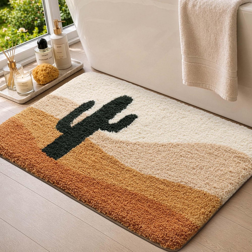 DEXI Bathroom Mat 40 x 60 cm, Non-Slip, Soft, Absorbent, Washable, Terracotta Cactus Design