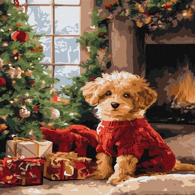 IDEYKA Paint by Numbers for Adults – Dog Beside a Christmas Tree, art_selena_ua, Framed DIY Kit, 40 x 50 cm