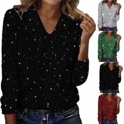 Women's Sequin Tops, V-Neck Long-Sleeve Party Shirt