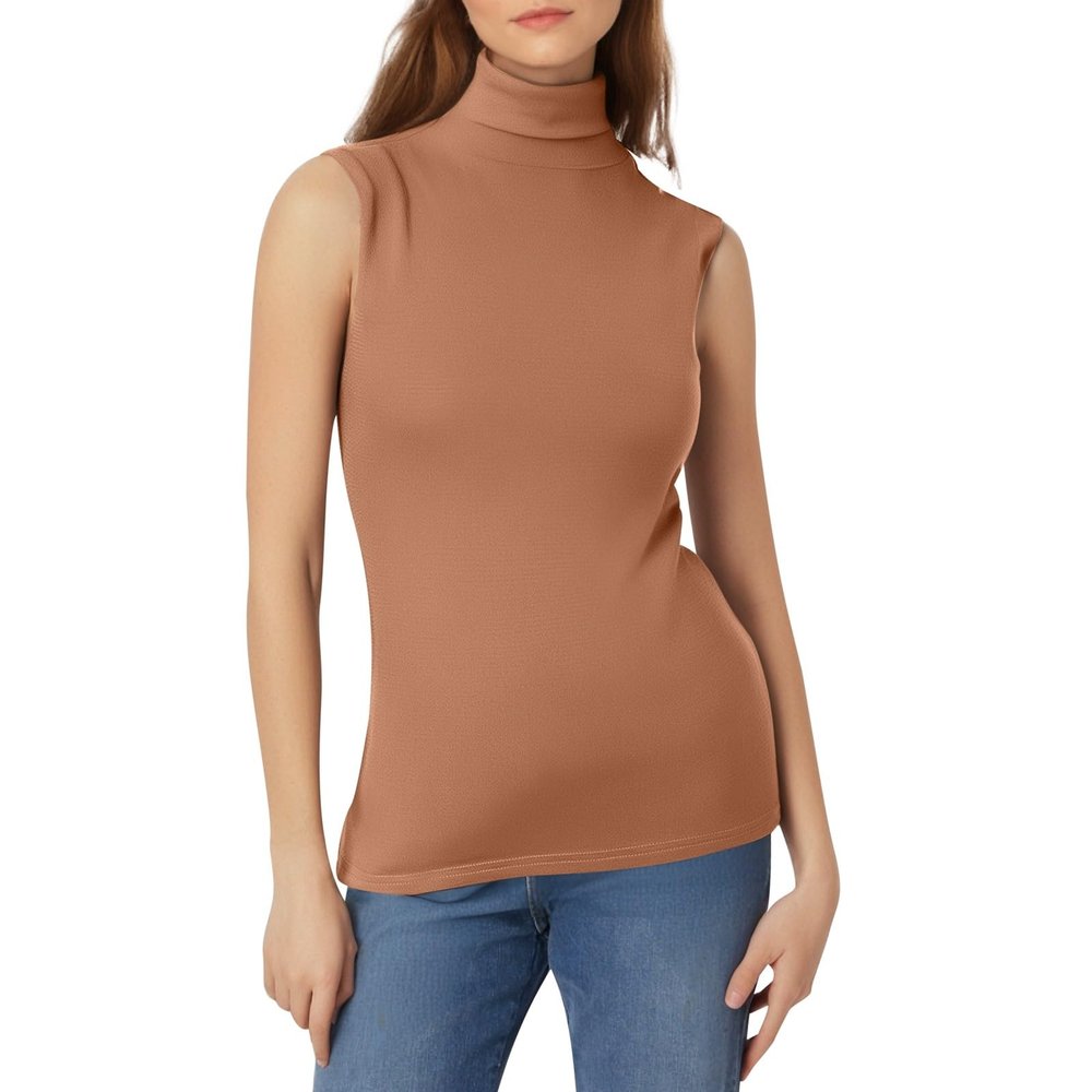 Foweknow Women's Sleeveless Turtleneck Top, Slim Fit, Stretch Ribbed