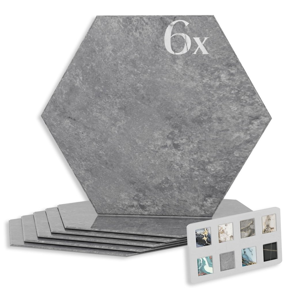 HEXIM Marble-Look SPC Hexagon Wall Tiles, 6-Piece Set, 25 x 21.5 cm, Gray-White Granite Decor (8235)