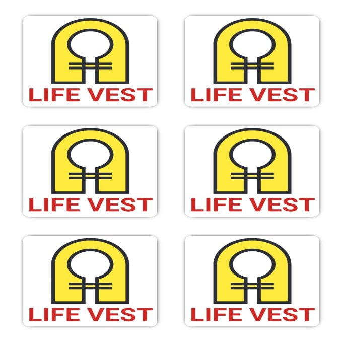 Laminated Stickers: 50 mm, 6-Pack - Life Vest Safety Symbol for Cockpit, Cabin & Flight School