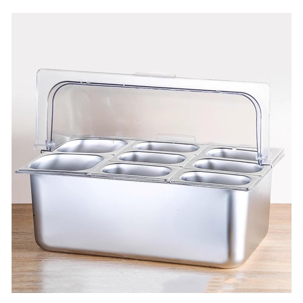 Space-Saving Stainless Steel Buffet Serving Tray with Roll-Top Cover, 8-Compartment Spice Dispenser and Ice Cube Container