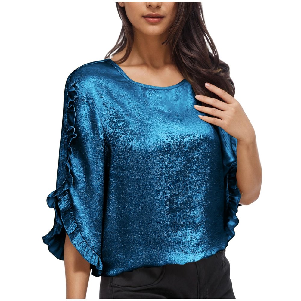 Guhmomh Women's Sequin Shirt, 3/4-Sleeve Party Top, Blue, L