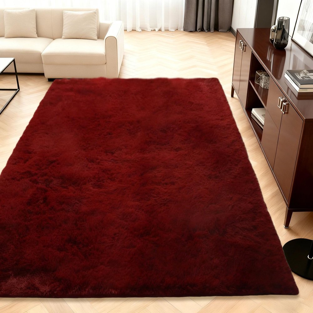 QENHYUN Modern High-Pile Rug 190 x 260 cm, Extra Soft Bedside Rug for Kids' Rooms, Teens and Dorms, Wine Red