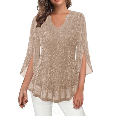 Guhmomh Women's Beige Sequin Shirt, 3/4 Sleeve, XL