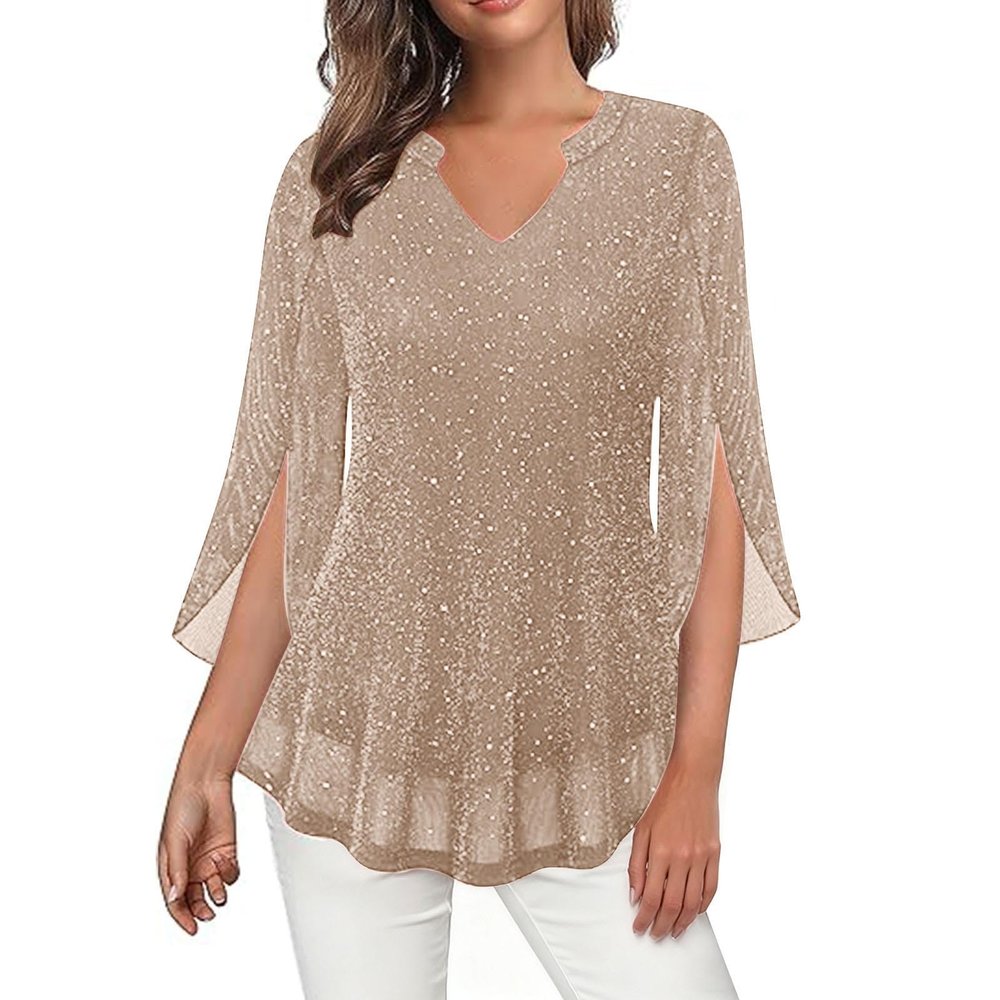 Guhmomh Women's Beige Sequin Shirt, 3/4 Sleeve, XL