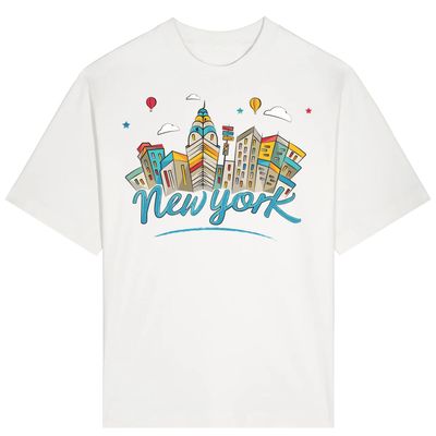 New York Skyline Colorful Sketch Art Unisex T-Shirt, Heavy Cotton, White, White, M Plus Tall