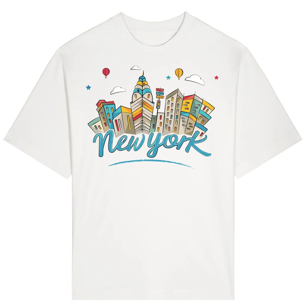 New York Skyline Colorful Sketch Art Unisex T-Shirt, Heavy Cotton, White, White, M Plus Tall
