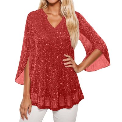 Women's Long-Sleeve Sequin Mesh Top, Double-Layer V-Neck Blouse