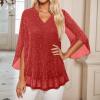 Women's Long-Sleeve Sequin Mesh Top, Double-Layer V-Neck Blouse view 2