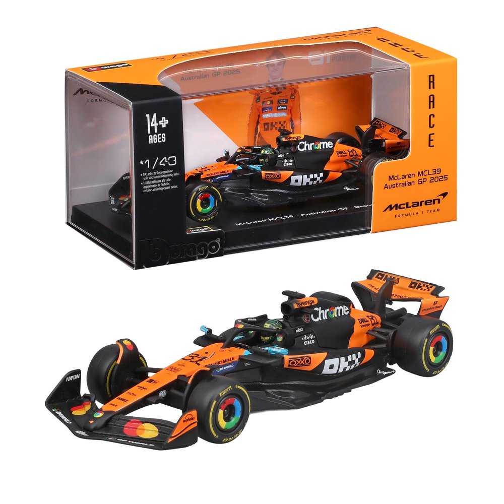 Bburago McLaren F1 MCL39 2025 #81 Piastri Diecast Model Car, 1:43 Scale, with Display Case and Base