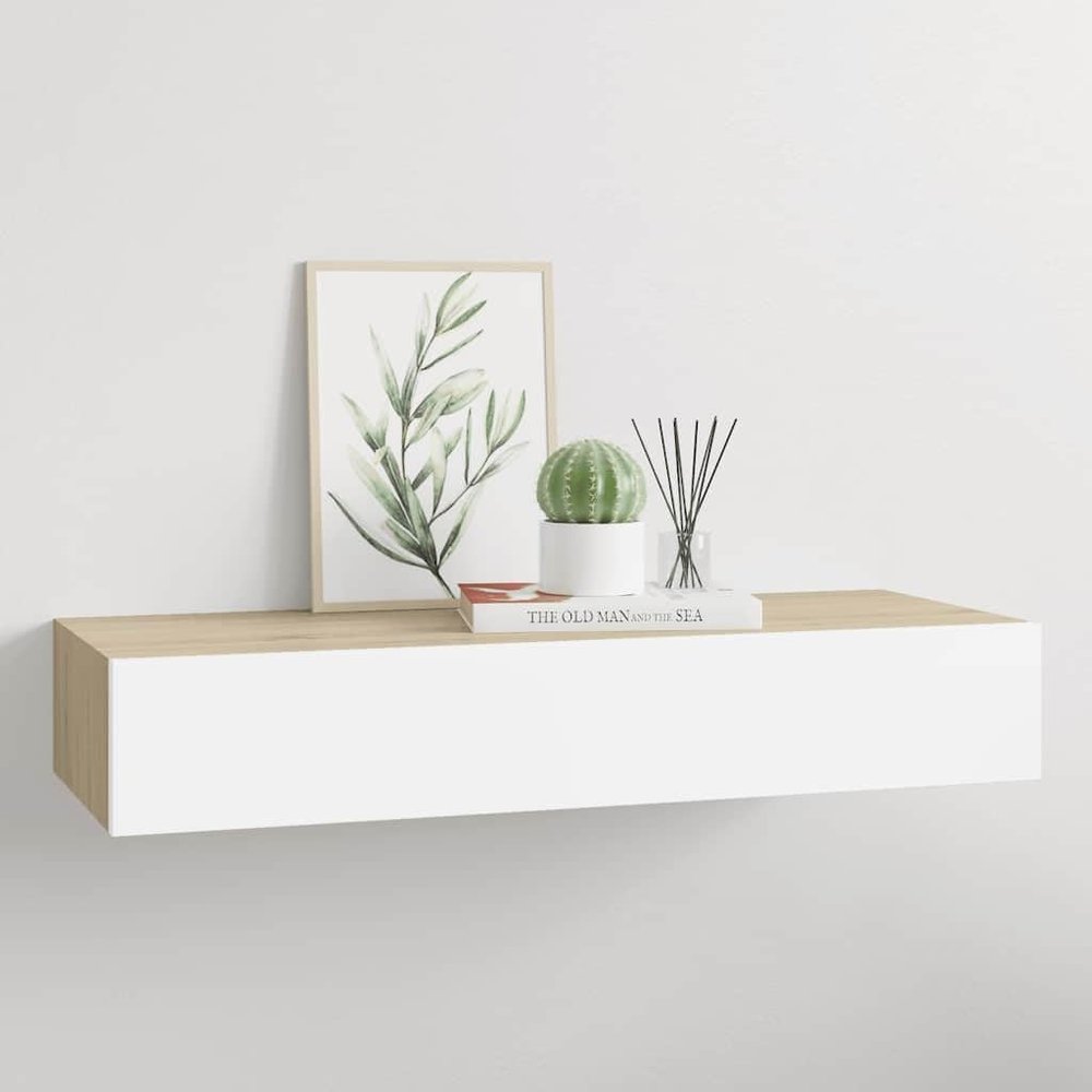QZZCED Floating Wall Shelf with Drawer, MDF and Metal, Oak and White, 60 x 23.5 x 10 cm